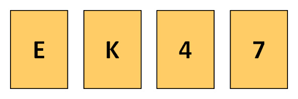 Four cards are visible: E, K, 4, and 7