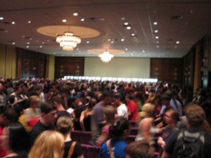 The line to pick up badges for those who preregistered. I did not take this picture and I do not know who did. If it is yours and you want me to remove it, please email me.